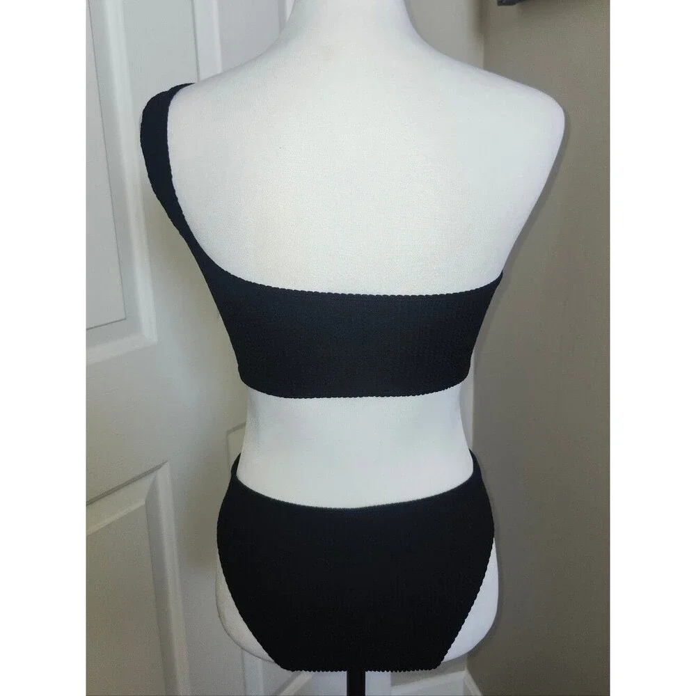Forever 21 Two Piece Black One Shoulder Textured Bikini Swimsuit, Medium